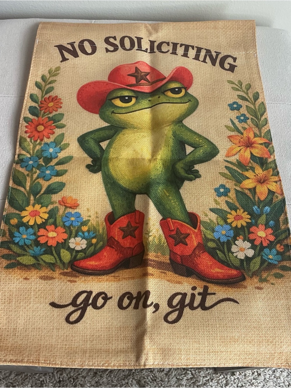 No Soliciting Frog Garden Flag - Beige with Green and Red Accents